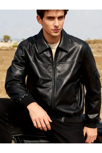 Basic Slim Fit Polo Yakalı Deri Ceket - Resim 6