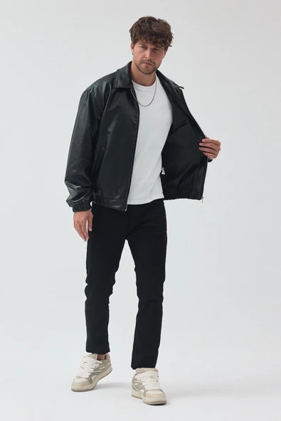 Unisex Oversize Basic Deri Ceket - Resim 3