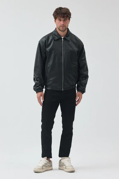 Unisex Oversize Basic Deri Ceket - Resim 8
