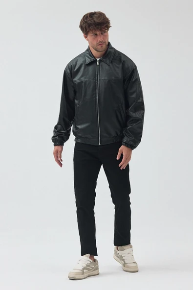 Unisex Oversize Basic Deri Ceket - Resim 5