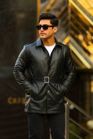Erkek Slim Fit 80 cm Uzun Deri Ceket - Full Tay Tüyü Astarlı ürün görseli 1
