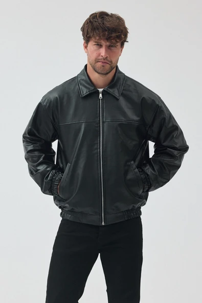 Unisex Vinatge Oversize Deri Ceket - Resim 4