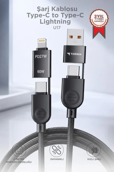 Şarj Kablosu Type-C to Type-C Lightning Hızlı 85W 4IN1 Data Kablo U17 Siyah ürün görseli 1