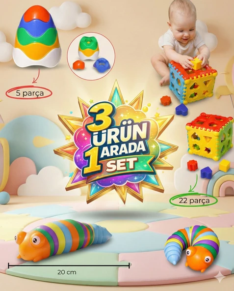 3'LÜ BEBEK GELİŞİM SETİ 22 PARÇA BULTAK+TIRTIL+AFACAN RENKLİ KULE ürün görseli 1