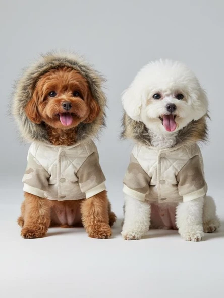 Creamy Camo Kamuflaj Desenli Krem Rengi Köpek Montu Kışlık Ceket ürün görseli 1