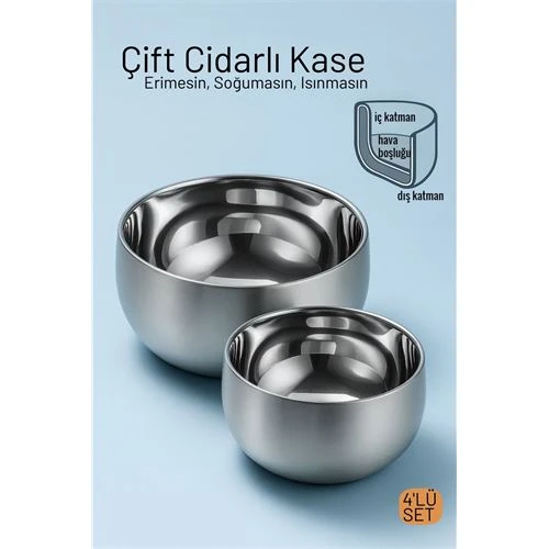 Çift Cidarlı Isı Yalıtımlı 4'lü Lüks Kase Seti (16cm & 18cm) Premium 304 Paslanmaz Çelik ürün görseli 1
