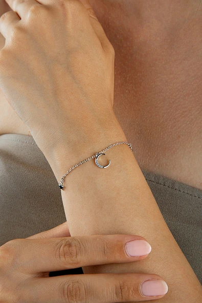 925 Ayar Gümüş Hilal ve Yıldızlı Charm Bileklik ürün görseli 1