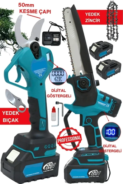 Dijital Göstergeli 2Li Set 50m GENİŞ AĞIZ MAKAS UZUN BOY Kömürsüz Budama Testeresi 21v 3Ah PRO SET ürün görseli 1