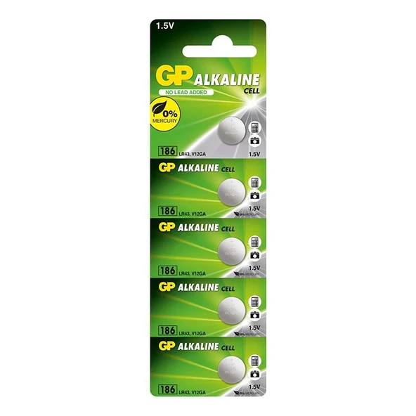 GP186-C5 LR43 Alkalin Düğme Pil 5'li Paket ürün görseli 1