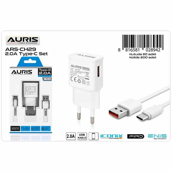 Auris Ars-Ch29 Şarj Başlık+Kablo Type-C 2.0 a20 ürün görseli 1