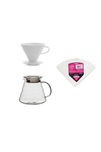 V60 Porselen Drıpper No.2 & Harıo V60 Filtre Kağıdı 100lü & Cam Kahve Servis Potu ürün görseli 1