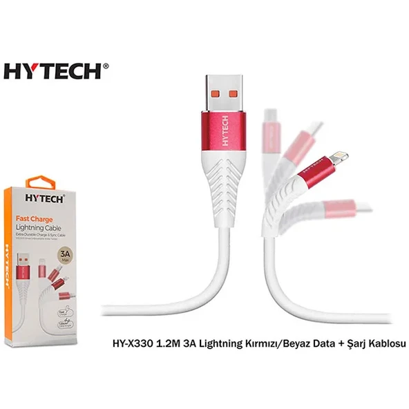 Hytech Hyx330 1.2M 3A Lightning Kırmızı beyaz Data Kablosu ürün görseli 1