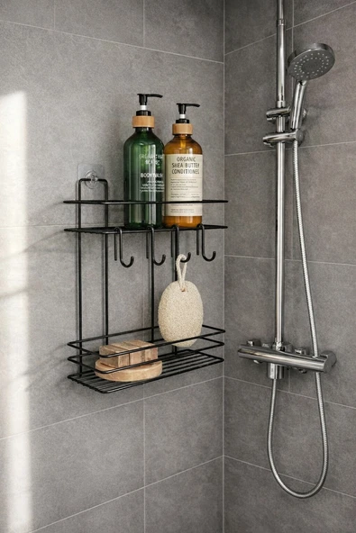 Lüks Siyah Metal 2 Katlı Banyo Rafı Şampuanlık Ve Duş Rafı Askılı Yapışkanlı Duvara Monte TŞ-02 ürün görseli 1