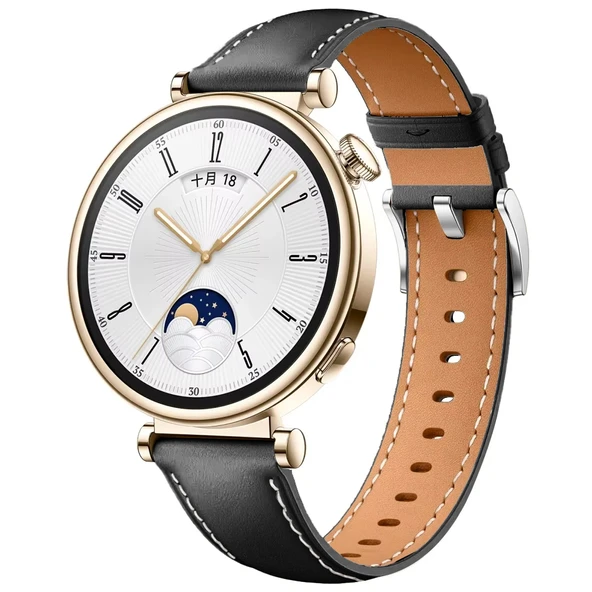 Huawei Watch GT4 41mm İle Uyumlu Gümüş Metal Tokalı Deri Zarif Şık Kordon  Siyah ürün görseli 1