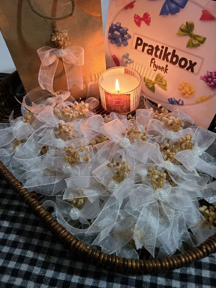 Pratikbox Fiyonk / Tül 2cm'lik / Hediyelik / Süsleme / Beyaz Renk/Yarım Çiçek İnci /Cipso çiçekli/ 100 Adet ürün görseli 1