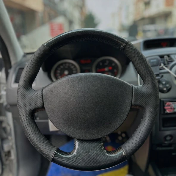 MEGANE 2 Araca Özel Direksiyon Kılıfı 5D KRİSTAL KARBON NOKTA SİYAH İP ürün görseli 1