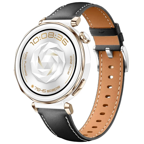 Huawei Watch GT5 Pro 42mm İle Uyumlu Gümüş Metal Tokalı Deri Zarif Şık Kordon  Siyah ürün görseli 1
