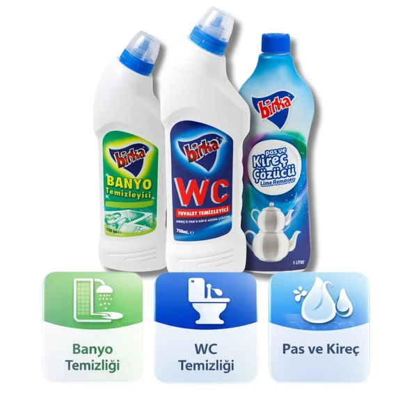 Birka 3’lü Temizlik Seti | WC Tuvalet 750 ml + Banyo Temizleyici 750 ml + Pas ve Kireç Çözücü 1 L ürün görseli 1