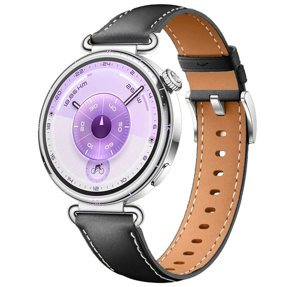 Huawei Watch GT6 41mm İle Uyumlu Gümüş Metal Tokalı Deri Zarif Şık Kordon  Siyah ürün görseli 1