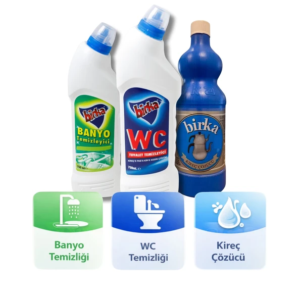 Birka 3’lü Temizlik Seti | WC Tuvalet 750 ml + Banyo Temizleyici 750 ml + Kireç Çözücü 1 kg ürün görseli 1
