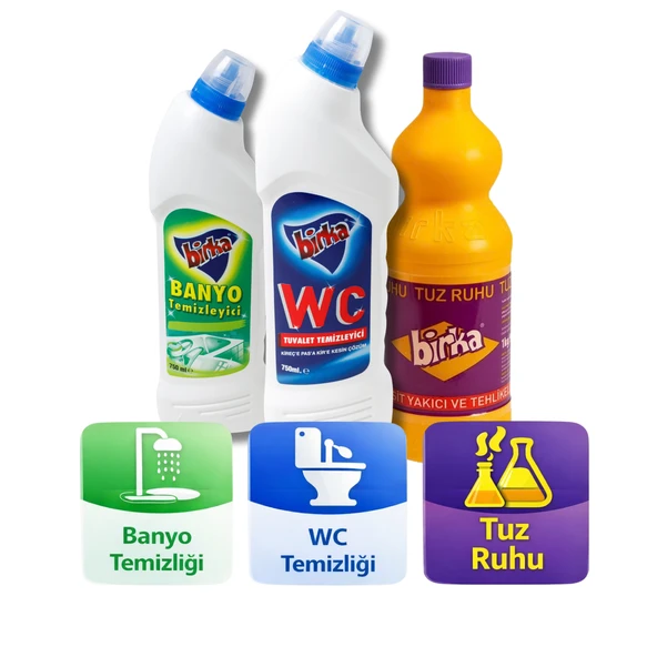 Birka 3’lü Temizlik Seti | WC Tuvalet 750 ml + Banyo Temizleyici 750 ml + Tuz Ruhu 1 kg ürün görseli 1