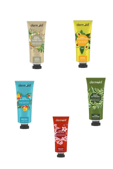 Dermokil 5'li set Kenevir Tohumu+Mango+Kiraz+Avakado+Zeytinyağlı Yağlı El ve Vücut Kremi 30 ml ürün görseli 1