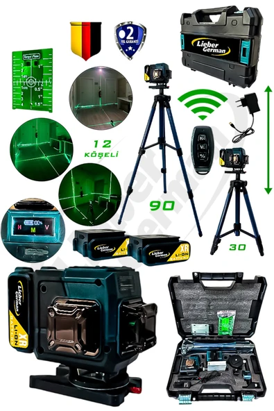 Lieber German Teknoloji 360° 2x Akülü Kumandalı 12 Köşe Tripodlu 65 Metre Mesafeli Hizalama Lazer Metre ürün görseli 1