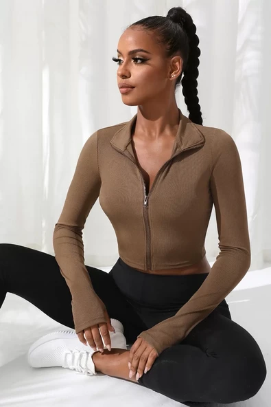 Kadın Kahverengi Uzun Kol Fermuarlı Parmak Geçme Detaylı Dik Yaka Crop Top Bluz ürün görseli 1