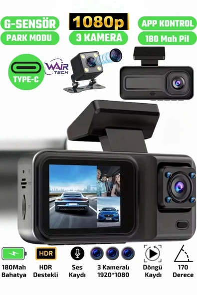 A98 Full Hd 3 Kameralı Araç Içi Güvenlik Kamerası 64gb Uyumlu Ir Gece Görüşü, Ön-arka-iç Kayıt ürün görseli 1