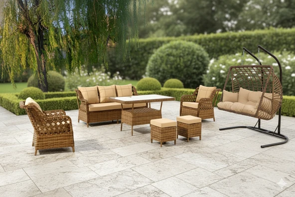 Liv Concept Lüks Rattan Görünümlü 7 Kişilik Bahçe Oturma Takımı Ve 2 Kişilik Salıncak Seti - KAHVERENGİ Minderli Teras Balkon Mobilyası ürün görseli 1