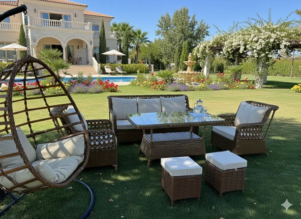 Liv Concept Mimoza Deluxe 7 Parça Rattan Villa Bahçe Takımı - Yemekli Oturma Seti ürün görseli 1