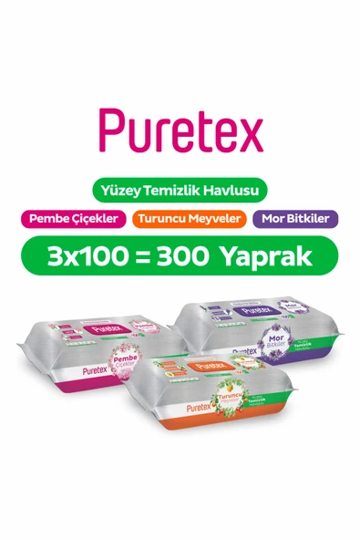 Puretex Yüzey Temizlik Havlusu Pembe Çiçekler+Turuncu Meyveler+Mor Bitkiler 3x100 (300 Yaprak) ürün görseli 1
