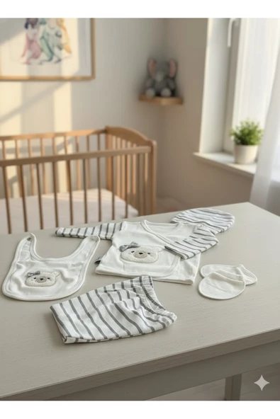 Yeni Doğan 5'li Set Hastane Çıkışı %100 Pamuk Müslin Kumaş Bebek Giysisi (Paketli) ürün görseli 1