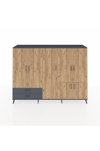 Dienni Hyperion Dolap 12 Raflı 2 Çekmeceli 7 Kapaklı 220x44x163 Antrasit-Çam/Antrasit ürün görseli 1