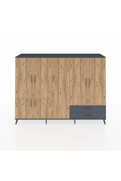 Dienni Hyperion Dolap 12 Raflı 2 Çekmeceli 7 Kapaklı 220x44x163 Antrasit-Çam/Antrasit ürün görseli 1