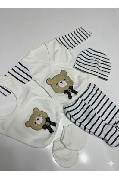Yenidoğan Ayıcıklı 5 Parça Bebek Hastane Çıkış Seti | %100 Pamuk | Unisex Kutulu Set ürün görseli 1