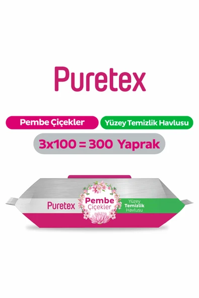 Puretex Yüzey Temizlik Havlusu Pembe Çiçekler 3x100 (300 Yaprak) ürün görseli 1