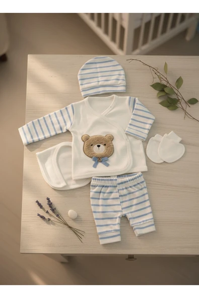 Yenidoğan Ayıcıklı 5 Parça Bebek Hastane Çıkış Seti | %100 Pamuk | Unisex Kutulu Set ürün görseli 1
