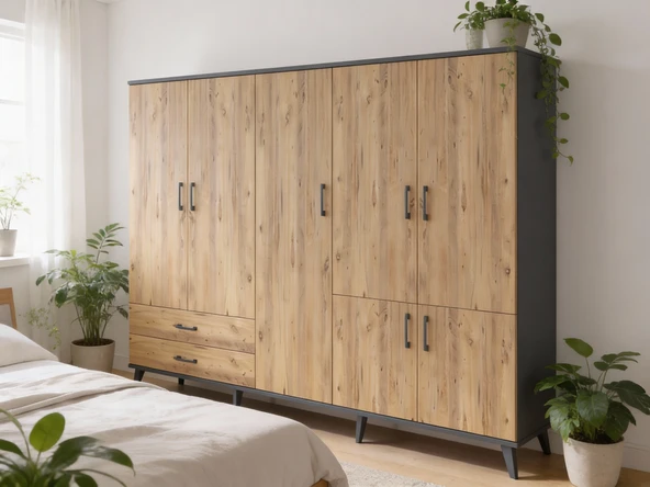Dienni Hyperion Dolap 12 Raflı 2 Çekmeceli 7 Kapaklı 220x44x163 Antrasit-Çam ürün görseli 1