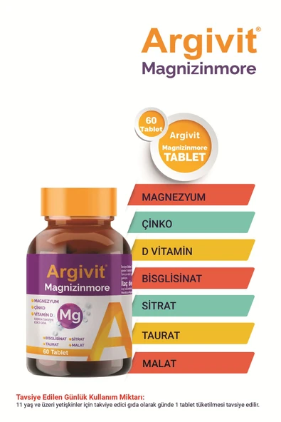ARGİVİT Magnizinmore Magnezyum, Çinko Ve Vitamin D Içeren Takviye Edici Gıda 60 Tablet ürün görseli 1
