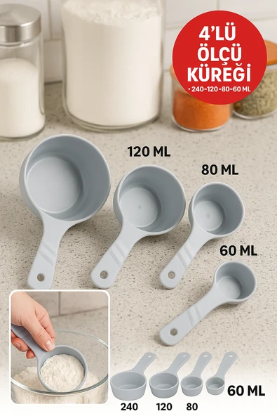 4’lü Ölçü Küreği Seti 240-120-80-60 ML | Un Şeker Baharat Ölçü Kaşığı | Mutfak Hamur Hazırlık ürün görseli 1