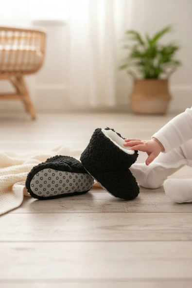 Siyah Bebek Panduf Kaydırmaz Taban Welsoft Yumuşak Patik – Kışlık Unisex İlk Adım Pandufu ürün görseli 1