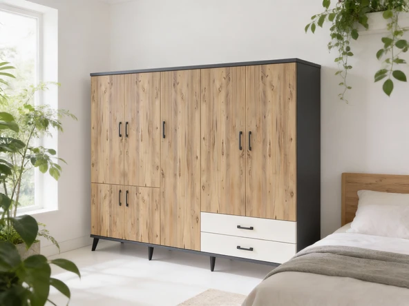 Dienni Hyperion Dolap 12 Raflı 2 Çekmeceli 7 Kapaklı 220x44x163 Antrasit-Çam/Aytaşı ürün görseli 1