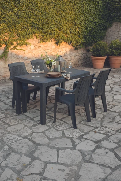 Evdemo Efes 4 Kişilik Rattan Masa Sandalye Takımı Siyah ürün görseli 1