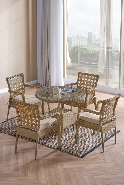 Evdemo Ayaz 4 Kişilik Rattan Bahçe Balkon Mutfak Masa Takımı Cappuccino ürün görseli 1