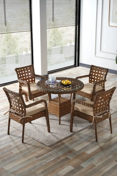 Evdemo Ayaz 4 Kişilik Rattan Bahçe Balkon Mutfak Masa Takımı Kahve ürün görseli 1