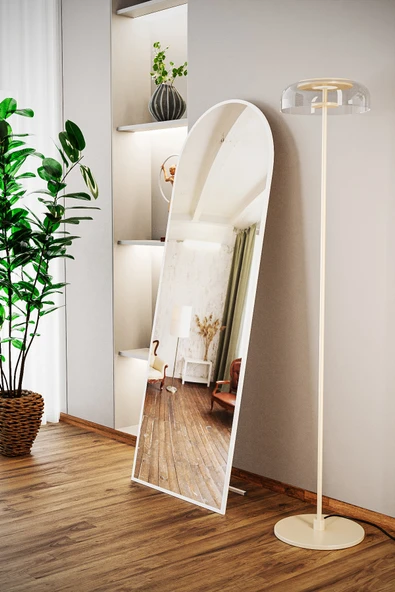 Evdemo Pamir Beyaz Metal Çerçeveli Ayaklı Oval Boy Aynası 180x60 Cm ürün görseli 1
