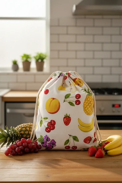Organik Pamuk Meyve Desenli Çok Amaçlı Bez Çanta  Ekmek - Market - Oyuncak -Poşetlik Torbası  35x40 ürün görseli 1