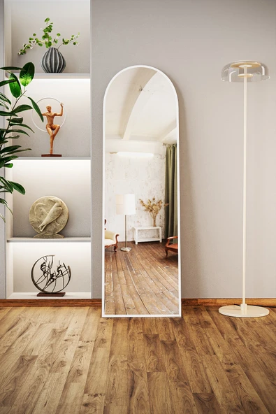Evdemo Pamir Beyaz Metal Çerçeveli Ayaklı Oval Boy Aynası 180x50 Cm ürün görseli 1