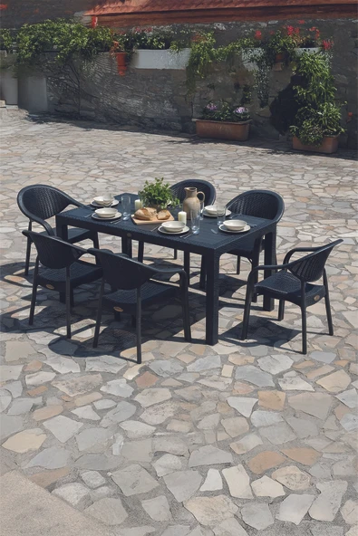 Evdemo Bamboo 6 Kişilik Rattan Masa Sandalye Takımı Siyah ürün görseli 1